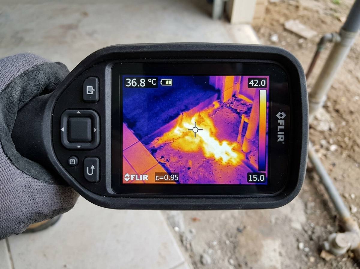 Thermal imaging scan showing warm hotspot on floor from an under-slab hot water leak in Camarillo