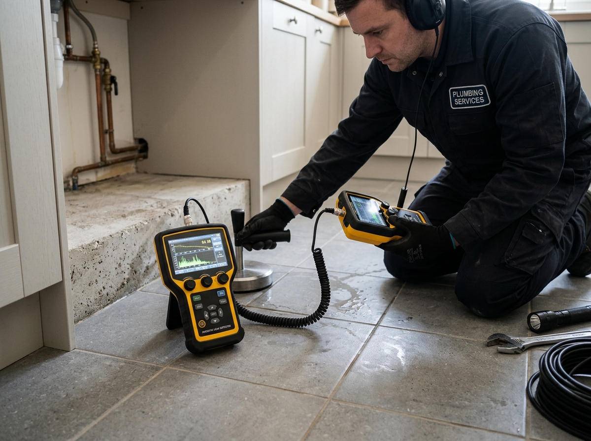 Plumbing technician utilizing electronic acoustic listening equipment for slab leak detection in Camarillo